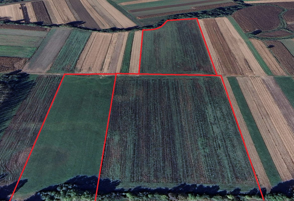 Aerial view of three agricultural fields targeted by irrigation
