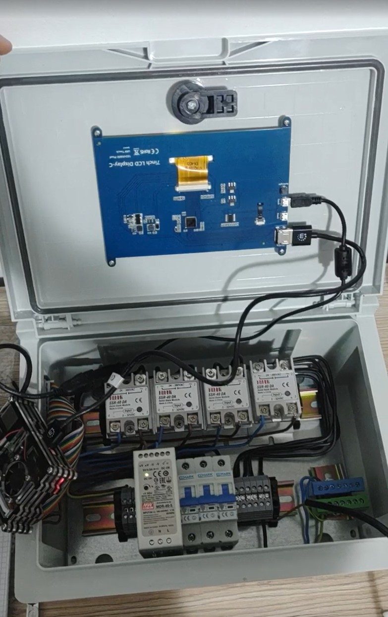 Inside the cabinet: Raspberry Pi, solid-state relays, breakers
