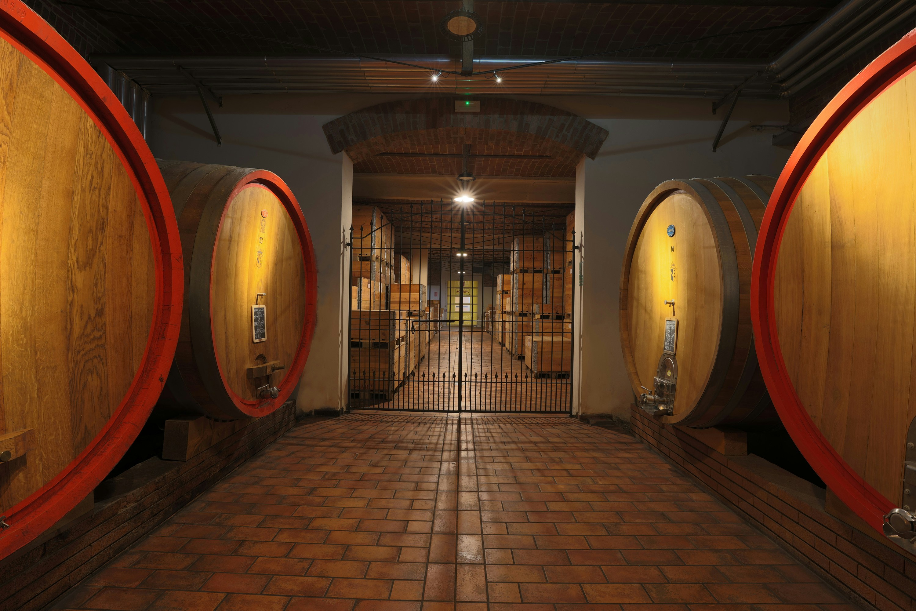 Wine cellar with large oak barrels and gated entrance